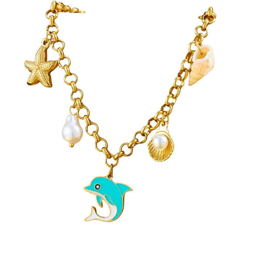 Bijoux Charm Collier à charm's avec dauphin bleu doré