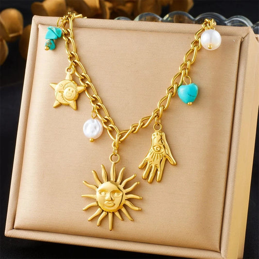 Bijoux Charm Collier à charmes doré avec soleil souriant