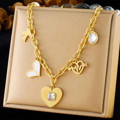 Bijoux Charm Collier à charms avec coeur et cristal doré