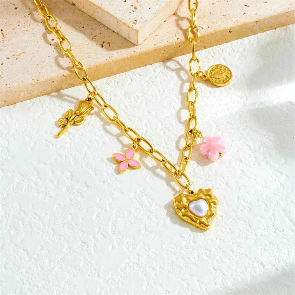 Bijoux Charm Collier à charms avec coeur nacré doré