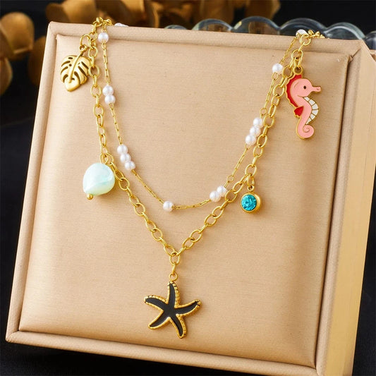 Bijoux Charm Collier à charms avec étoile de mer noire et dorée