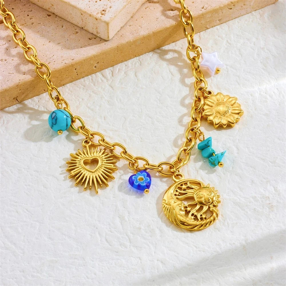 Bijoux Charm Collier à charms avec lune et soleil doré