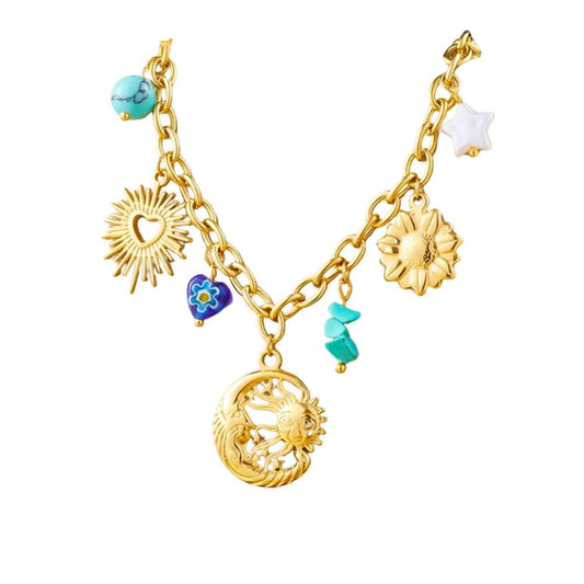 Bijoux Charm Collier à charms avec lune et soleil doré