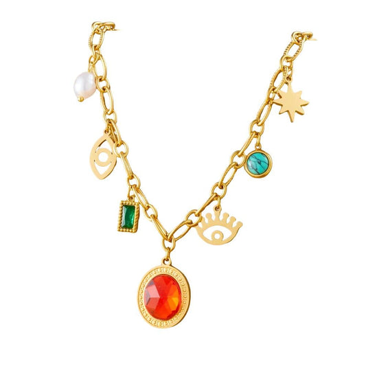 Bijoux Charm Collier à charms avec pierre rouge et doré