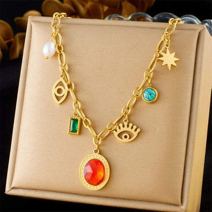 Bijoux Charm Collier à charms avec pierre rouge et doré