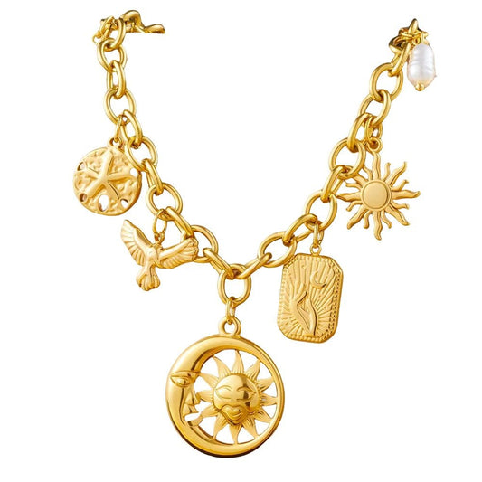 Bijoux Charm Collier à charms avec soleil et lune creux doré