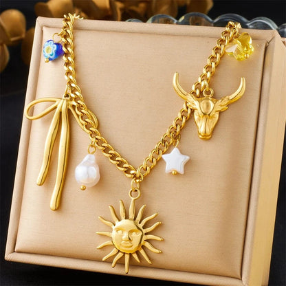 Bijoux Charm Collier à charms avec soleil et ruban doré