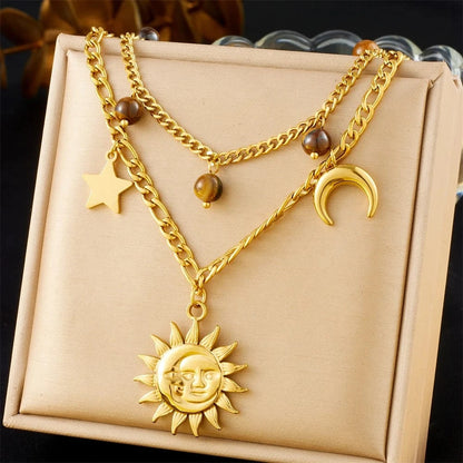 Bijoux Charm Collier à charms avec soleil, lune et étoile doré