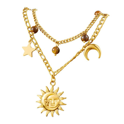 Bijoux Charm Collier à charms avec soleil, lune et étoile doré