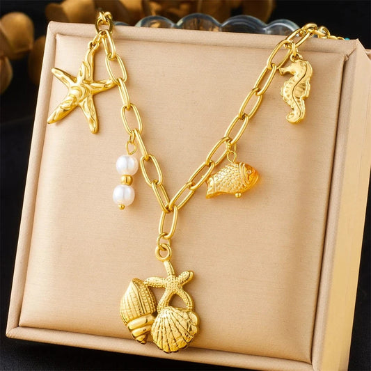 Bijoux Charm Collier à charms de la mer doré