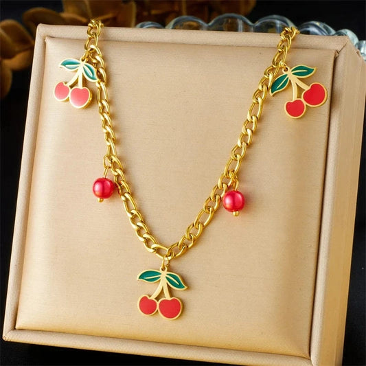 Bijoux Charm Collier à charms doré et cerises