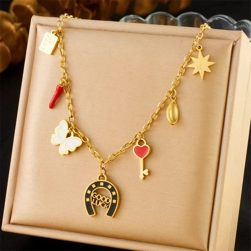 Bijoux Charm Collier à charms doré et fer à cheval noir