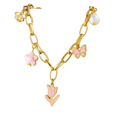 Bijoux Charm Collier à charms doré et fleur rose