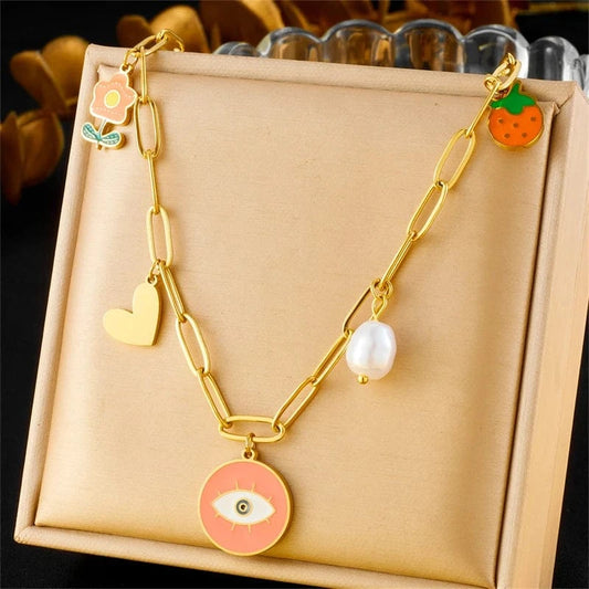 Bijoux Charm Collier à charms doré et œil rose