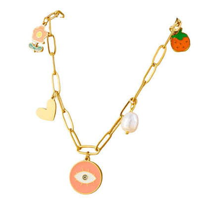 Bijoux Charm Collier à charms doré et œil rose