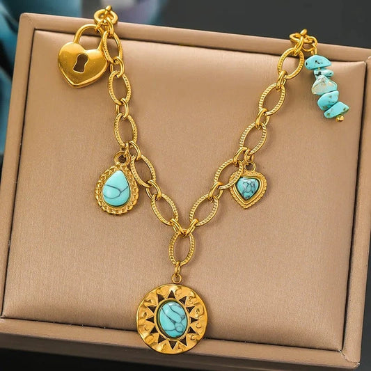 Bijoux Charm Collier à charms doré et turquoises