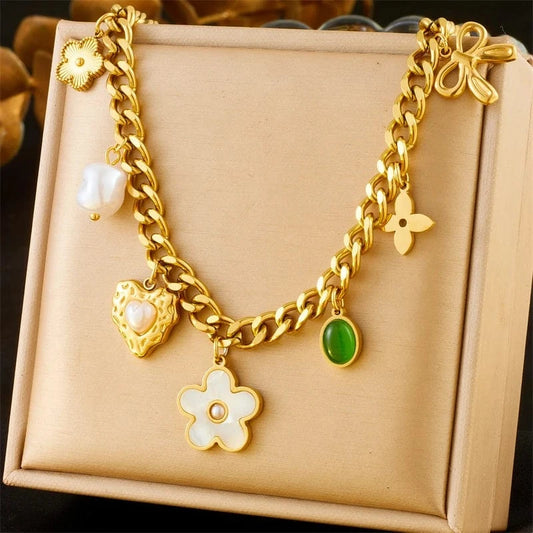 Bijoux Charm Collier à charms doré fleur blanche