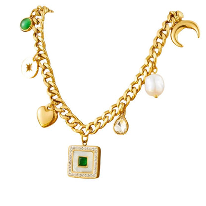 Bijoux Charm Collier à charms doré, vert et pierres