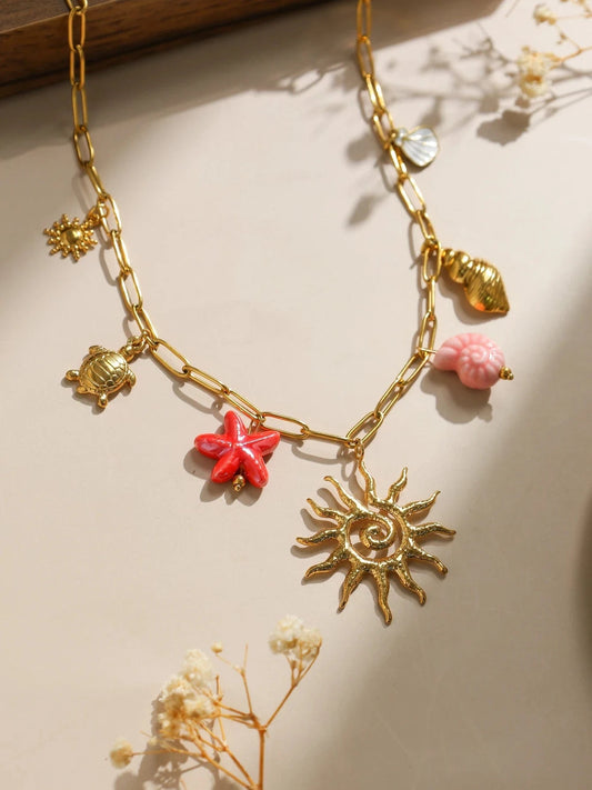 Bijoux Charm Collier à charms dorées et roses
