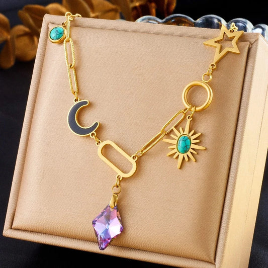 Bijoux Charm Collier à charms dorés avec cristal violet