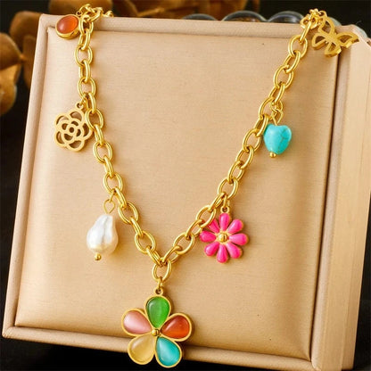 Bijoux Charm Collier à charms dorés et fleurs multicolores
