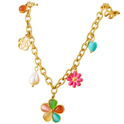 Bijoux Charm Collier à charms dorés et fleurs multicolores