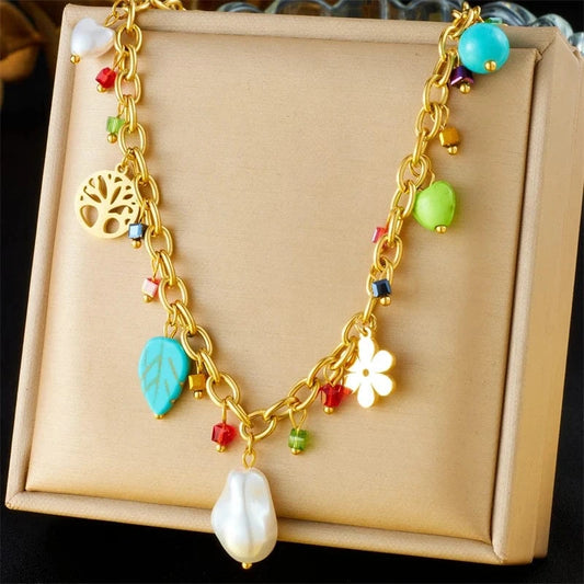 Bijoux Charm Collier à charms dorés et perles blanches