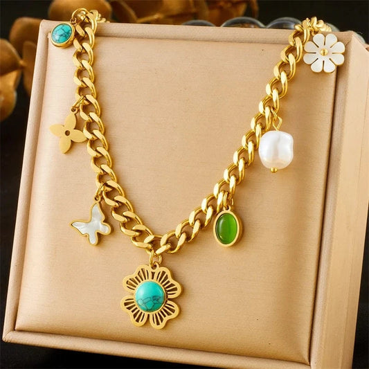 Bijoux Charm Collier à charms dorés multiples avec fleur