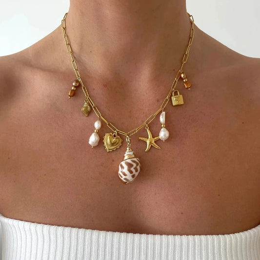 Bijoux Charm Collier à charms et coquillage blanc et rose