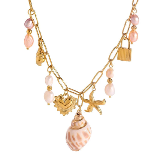 Bijoux Charm Collier à charms et coquillage blanc et rose