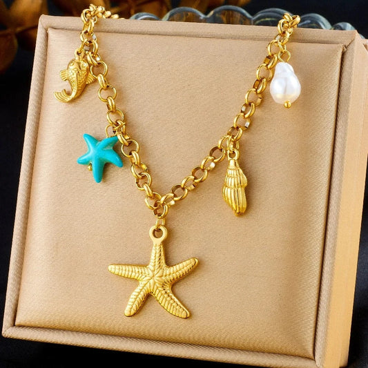 Bijoux Charm Collier à charms étoiles de mer dorées