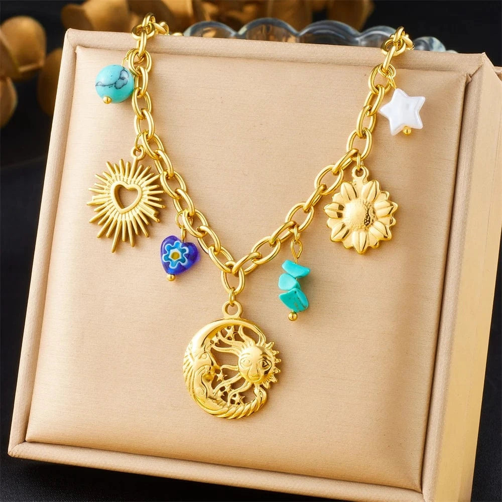 Bijoux Charm Collier à charms soleil et lune doré