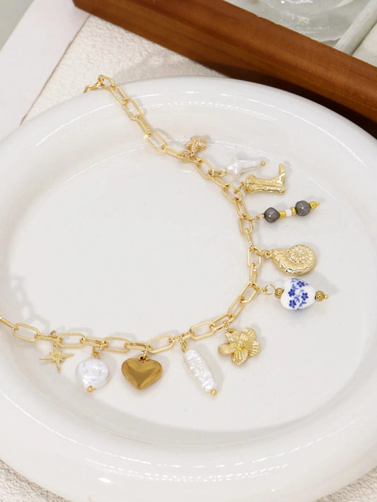 Bijoux Charm Collier charm coquillage blanc et bleu doré