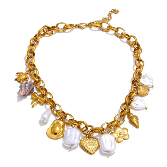 Bijoux Charm Collier Charm dorés et perles blanches