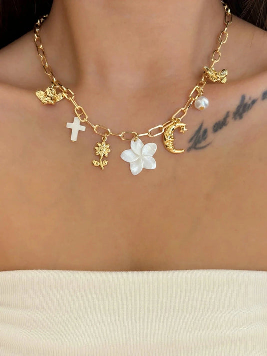 Bijoux Charm Collier charm fleur blanche doré