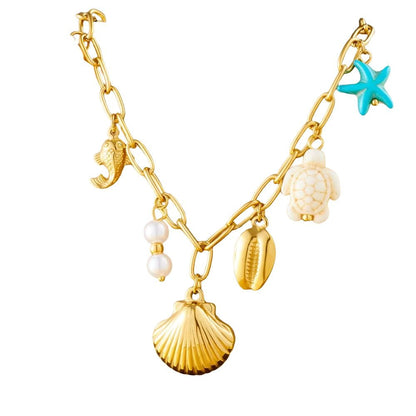 Bijoux Charm Collier charm mer et coquillages dorés