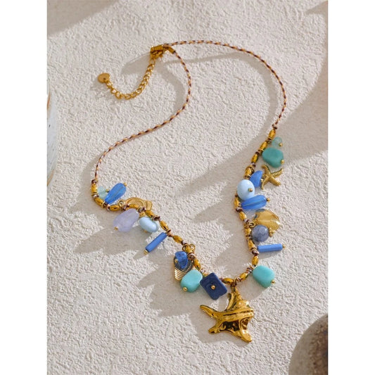 Bijoux Charm Collier Charms Corail Bleu et Doré