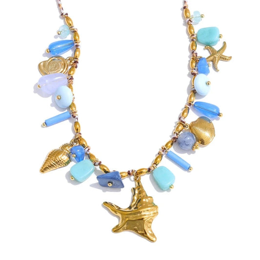 Bijoux Charm Collier Charms Corail Bleu et Doré