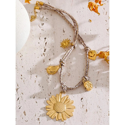 Bijoux Charm Collier Charms Fleurs Dorées et Corde