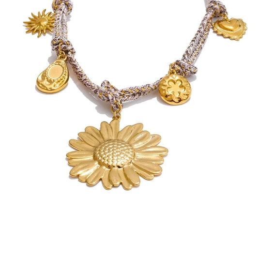 Bijoux Charm Collier Charms Fleurs Dorées et Corde