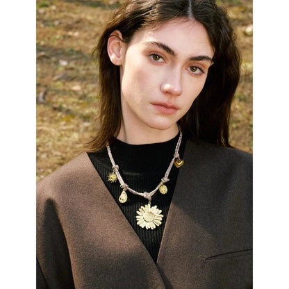 Bijoux Charm Collier Charms Fleurs Dorées et Corde