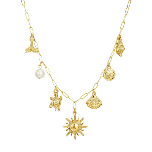 Bijoux Charm Collier doré à charms soleil, coquillages et mer