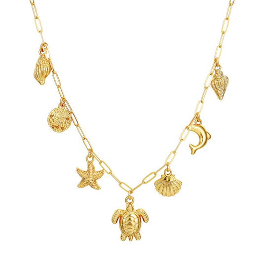 Bijoux Charm Collier doré à charms tortue de mer et coquillages